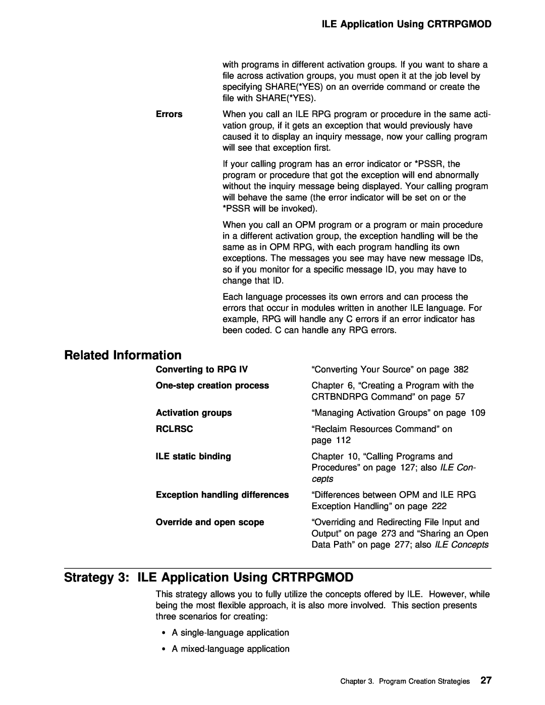 IBM AS/400 manual Crtrpgmod, Strategy 3 ILE Application, ILE Application Using CRTRPGMOD, Related Information 