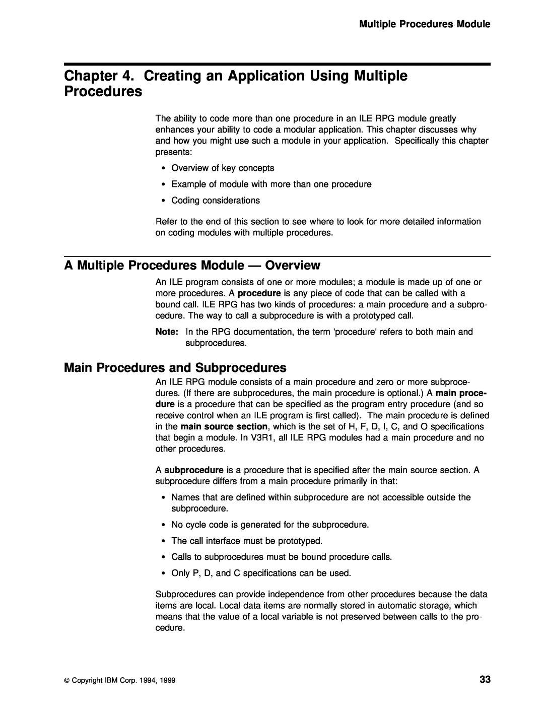 IBM AS/400 manual Creating an Application Using Multiple Procedures, Multiple Procedures Module 