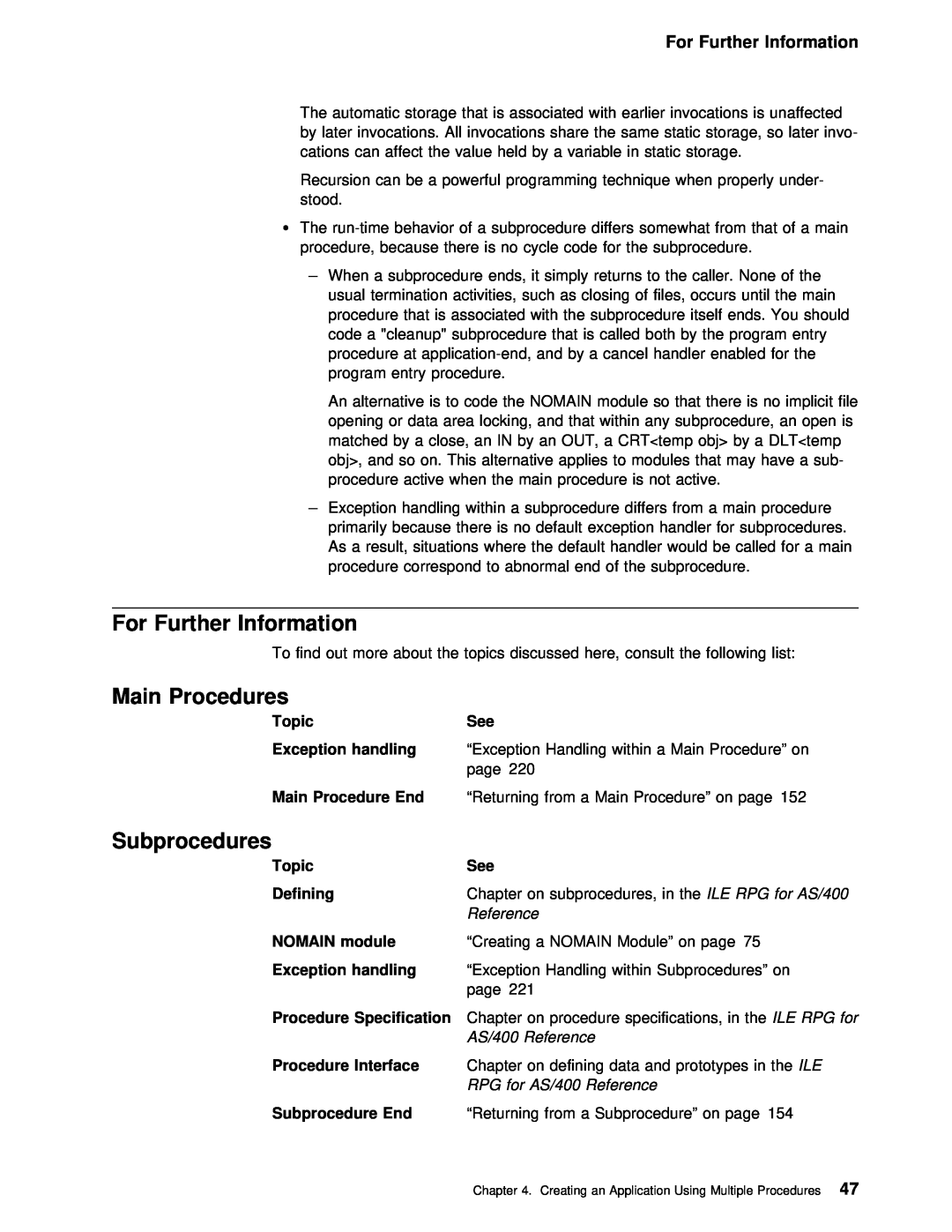 IBM AS/400 manual For Further Information, Main Procedures, Subprocedures 
