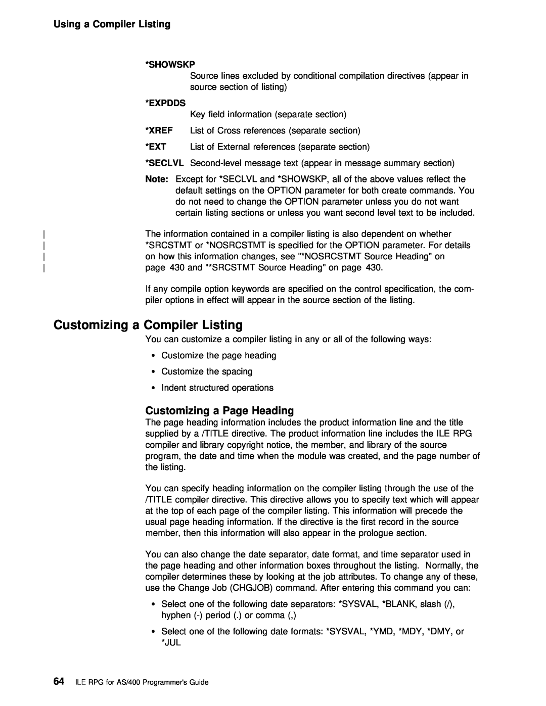 IBM AS/400 manual Customizing a Compiler Listing, Customizing a Page Heading, Using 