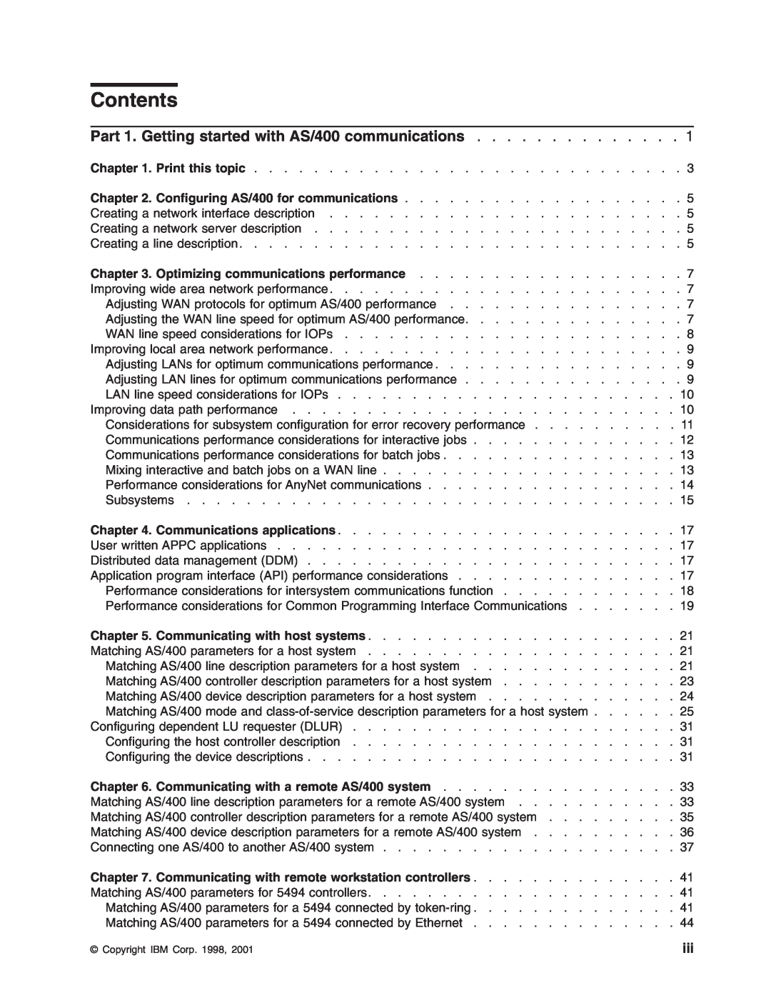 IBM manual Contents, Part 1. Getting started with AS/400 communications, Chapter, Configuring AS/400 for communications 