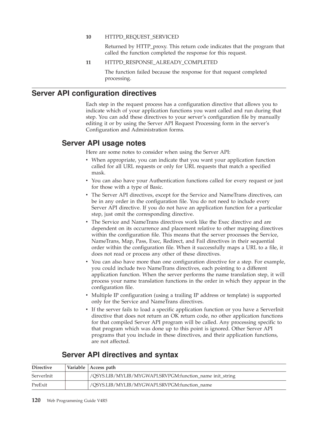 IBM AS/400E manual Server API configuration directives, Server API usage notes, Server API directives and syntax 