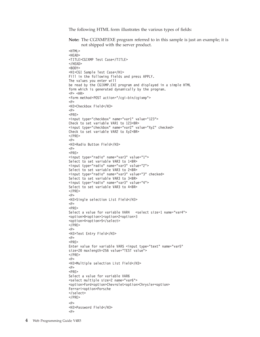 IBM AS/400E manual Following Html form illustrates the various types of fields 