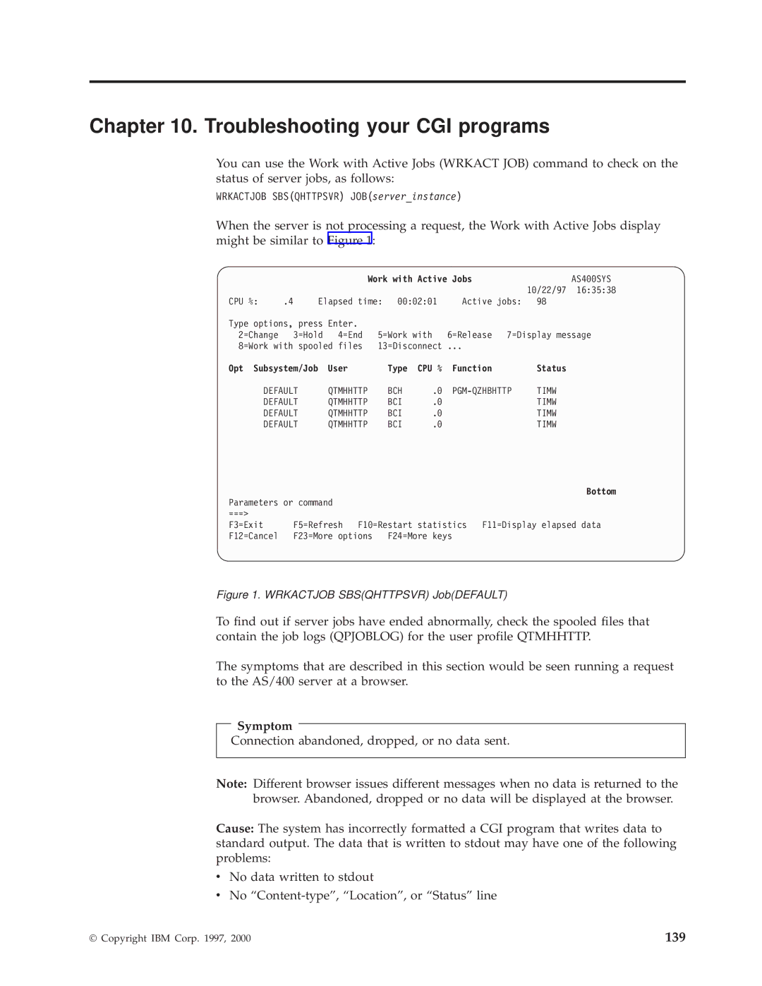 IBM AS/400E manual Troubleshooting your CGI programs, Symptom 