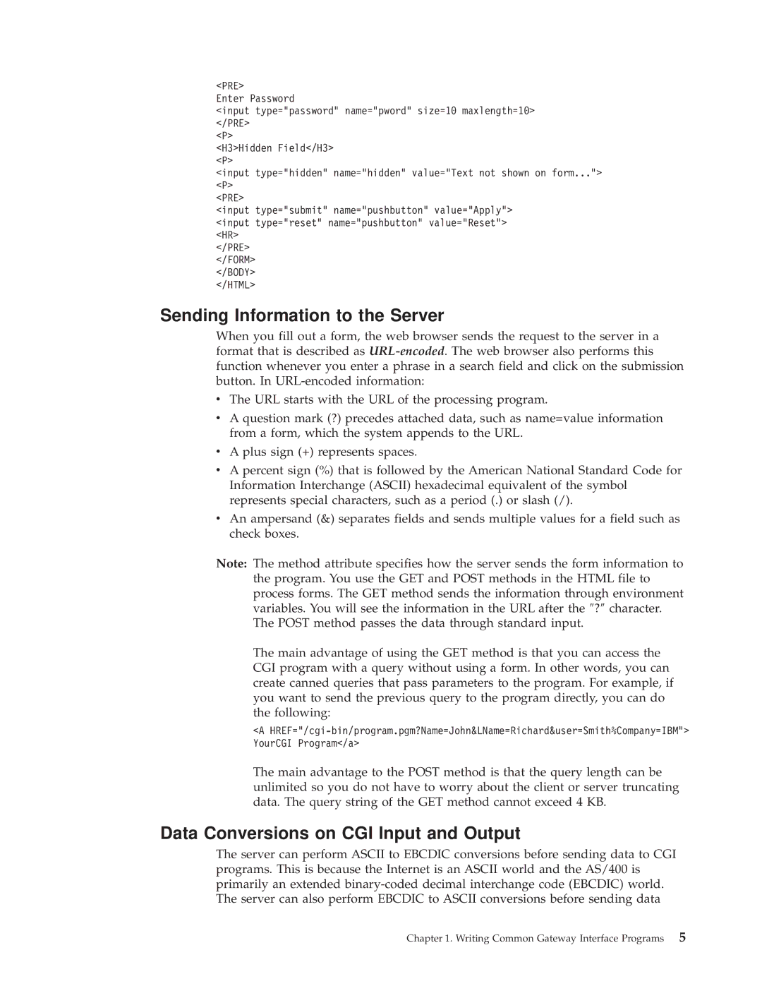 IBM AS/400E manual Sending Information to the Server, Data Conversions on CGI Input and Output 