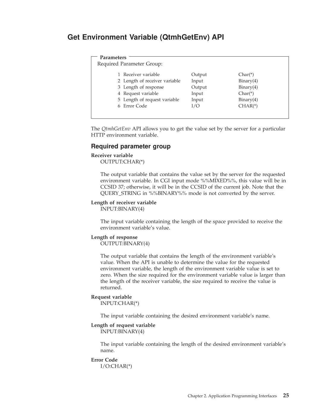 IBM AS/400E manual Get Environment Variable QtmhGetEnv API 