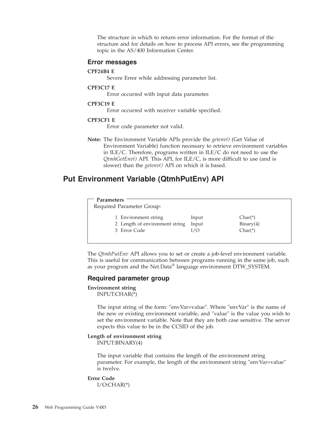 IBM AS/400E manual Put Environment Variable QtmhPutEnv API, CPF24B4 E, CPF3C17 E, CPF3C19 E, CPF3CF1 E 