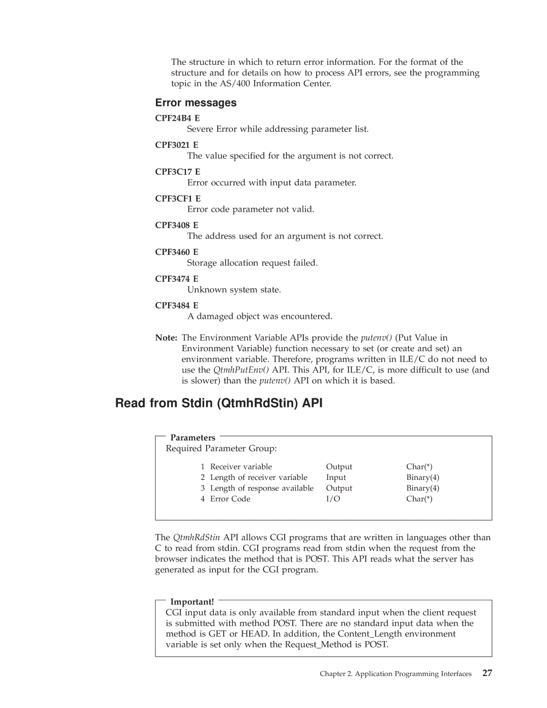 IBM AS/400E manual Read from Stdin QtmhRdStin API 