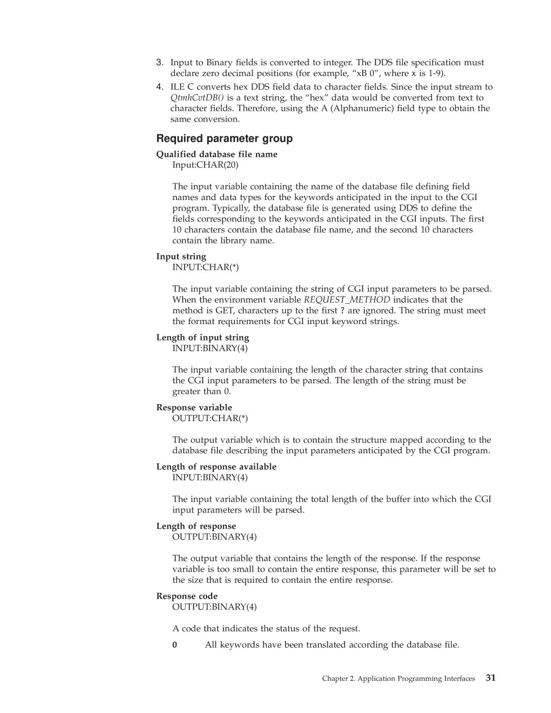 IBM AS/400E manual Qualified database file name, Input string, Length of input string, Response variable, Response code 