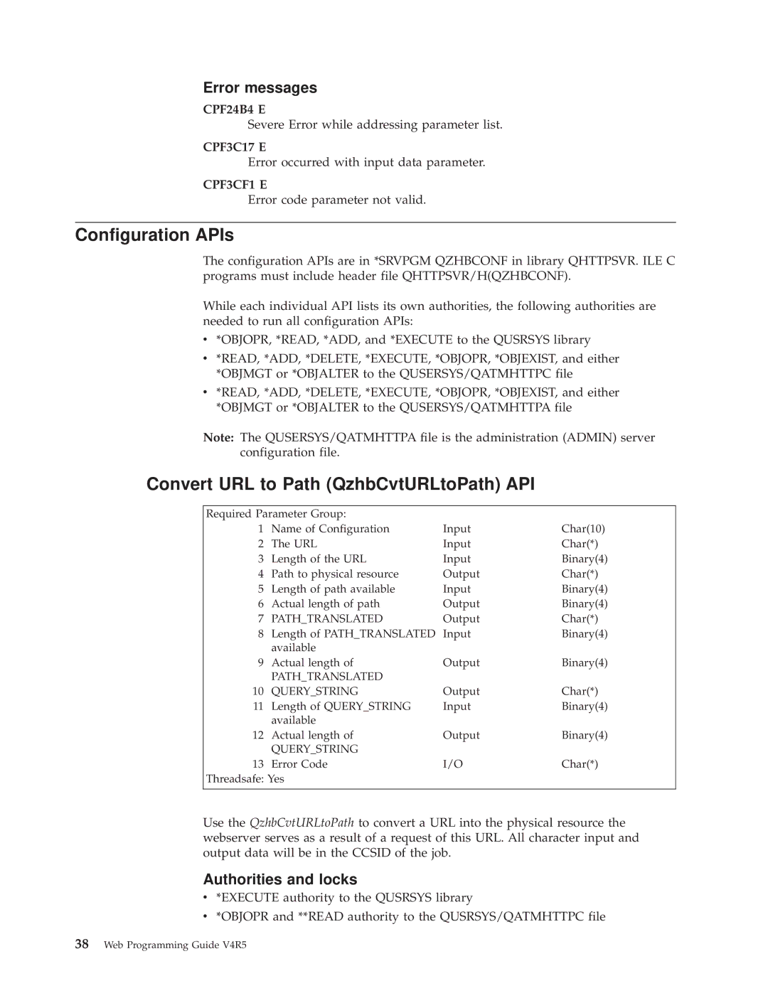 IBM AS/400E manual Configuration APIs, Convert URL to Path QzhbCvtURLtoPath API 