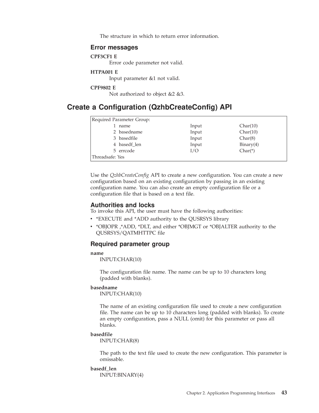 IBM AS/400E manual Create a Configuration QzhbCreateConfig API, HTPA001 E 