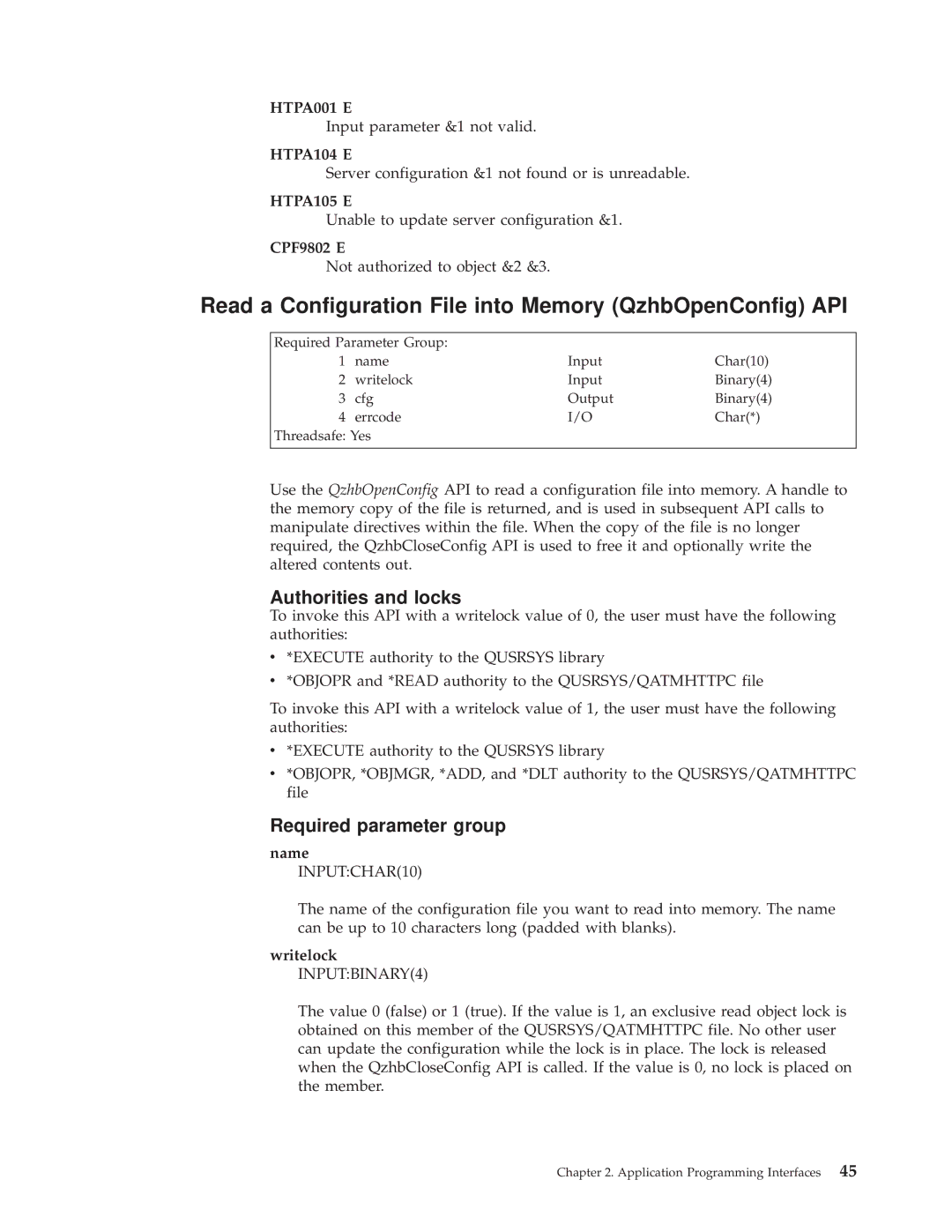 IBM AS/400E manual Read a Configuration File into Memory QzhbOpenConfig API, Writelock INPUTBINARY4 