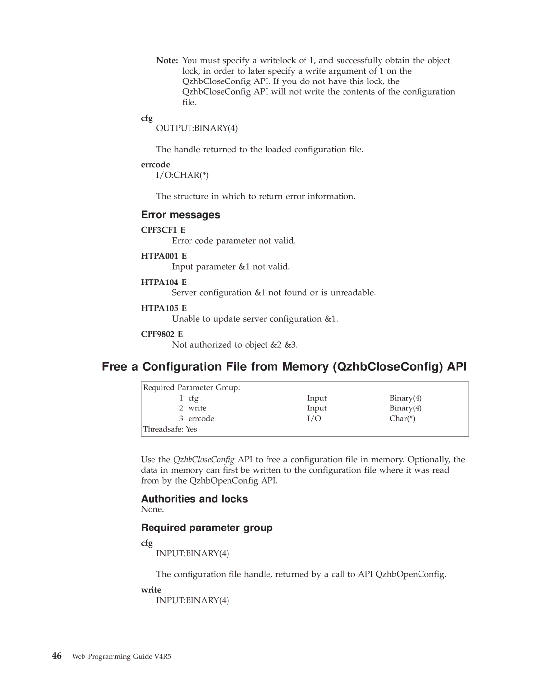 IBM AS/400E manual Free a Configuration File from Memory QzhbCloseConfig API, Cfg, Write 