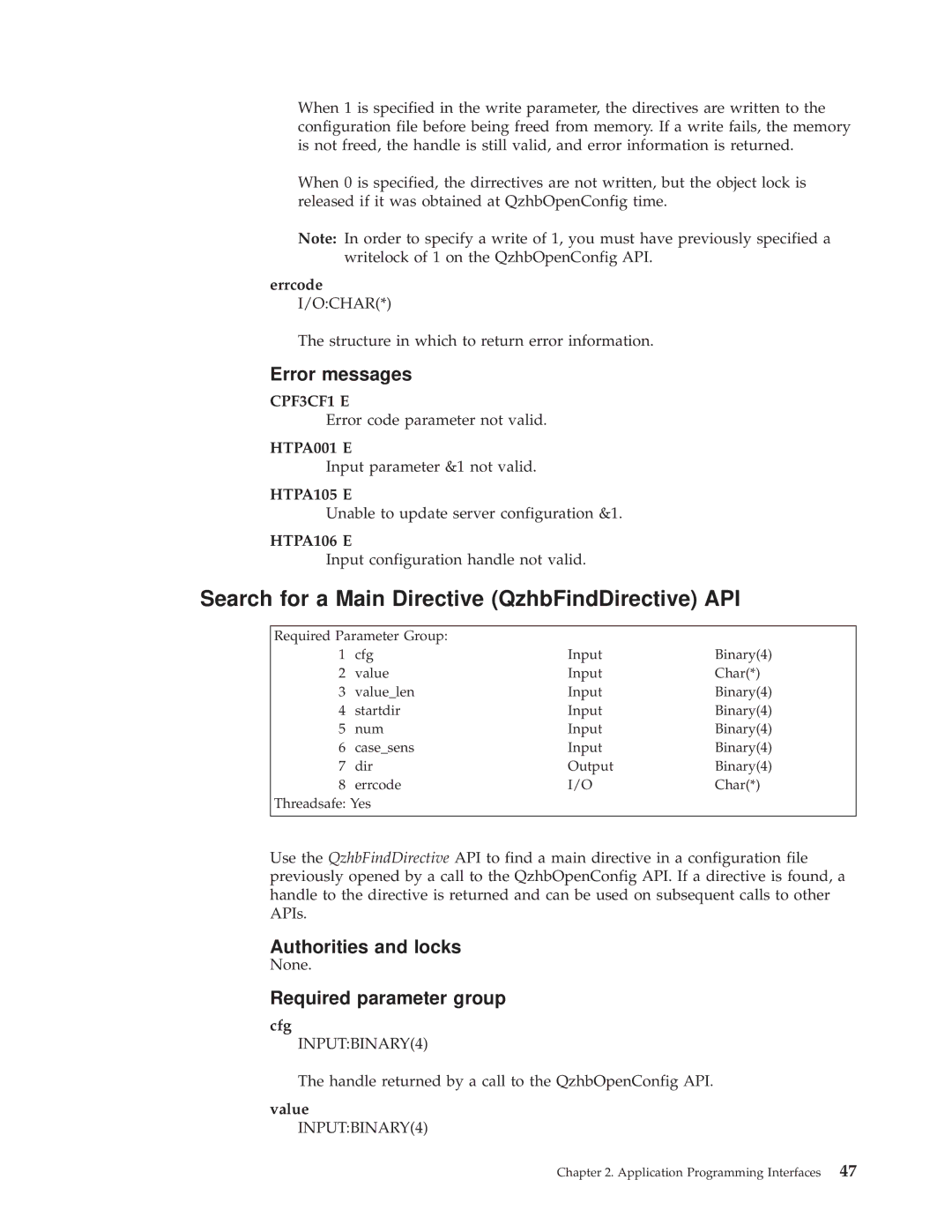 IBM AS/400E manual Search for a Main Directive QzhbFindDirective API, HTPA106 E, Value 