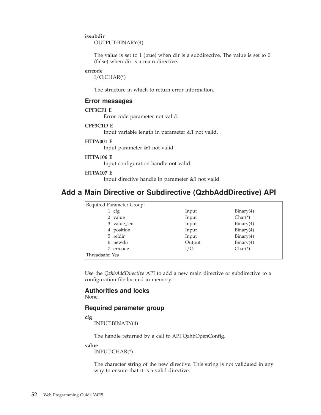 IBM AS/400E manual Add a Main Directive or Subdirective QzhbAddDirective API, Issubdir OUTPUTBINARY4, CPF3C1D E 