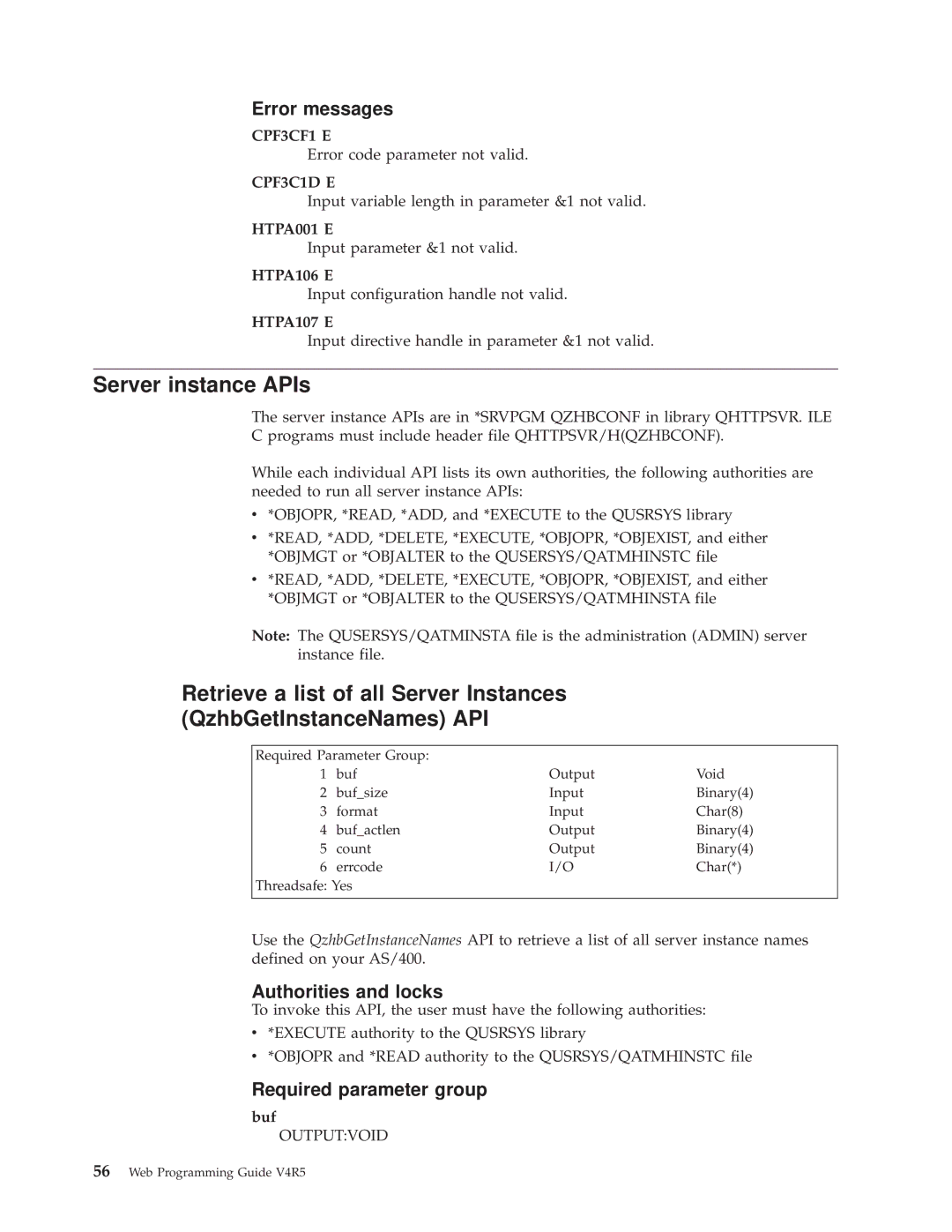 IBM AS/400E manual Server instance APIs, Outputvoid 