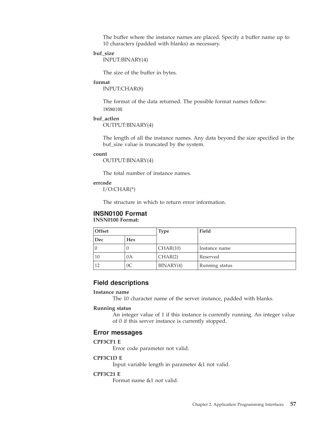 IBM AS/400E manual Format INPUTCHAR8, INSN0100 Format, Instance name, Running status, CPF3C21 E 