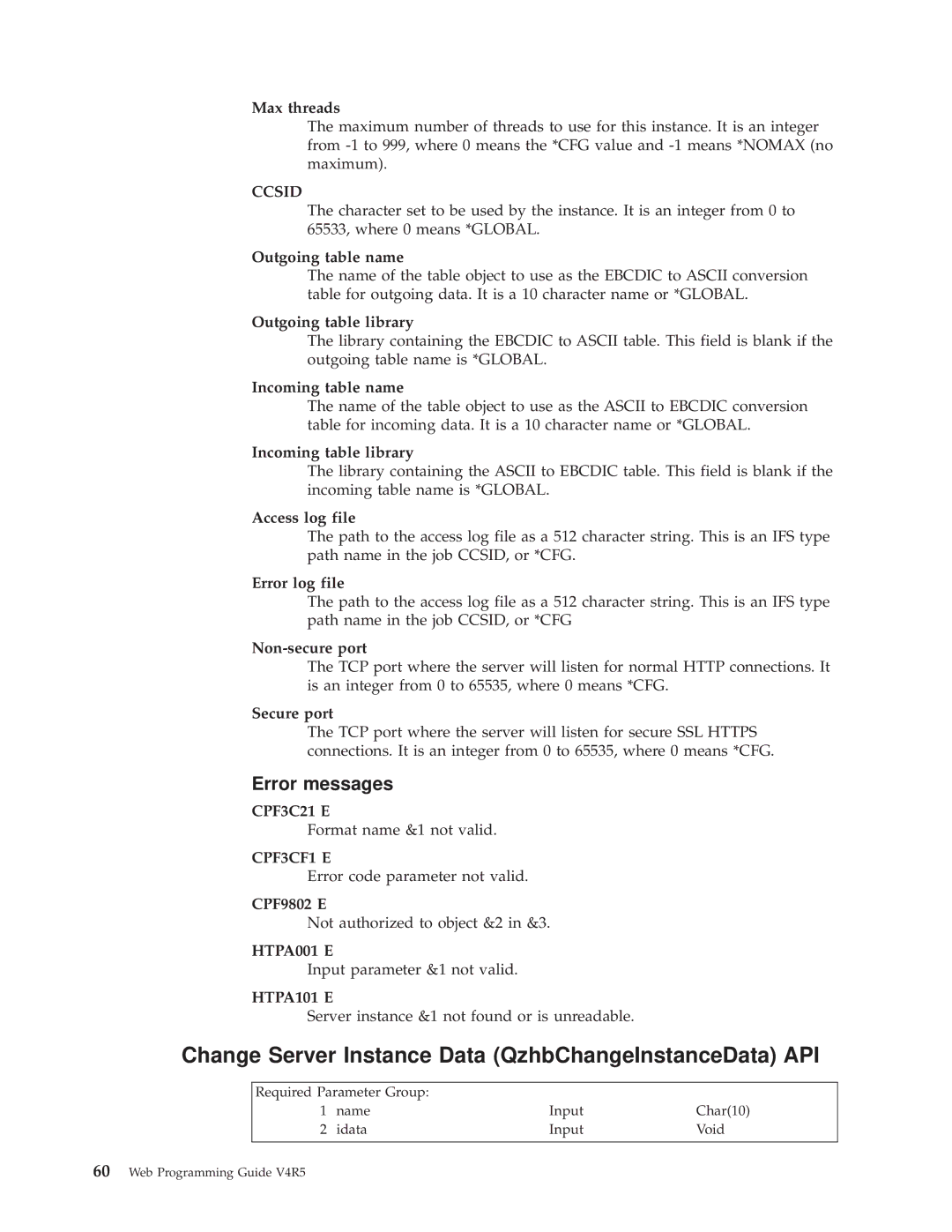 IBM AS/400E manual Change Server Instance Data QzhbChangeInstanceData API, Ccsid, HTPA101 E 