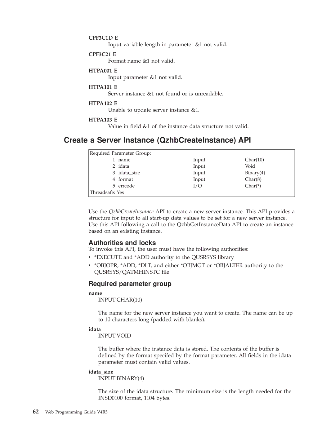 IBM AS/400E manual Create a Server Instance QzhbCreateInstance API, HTPA102 E, HTPA103 E 