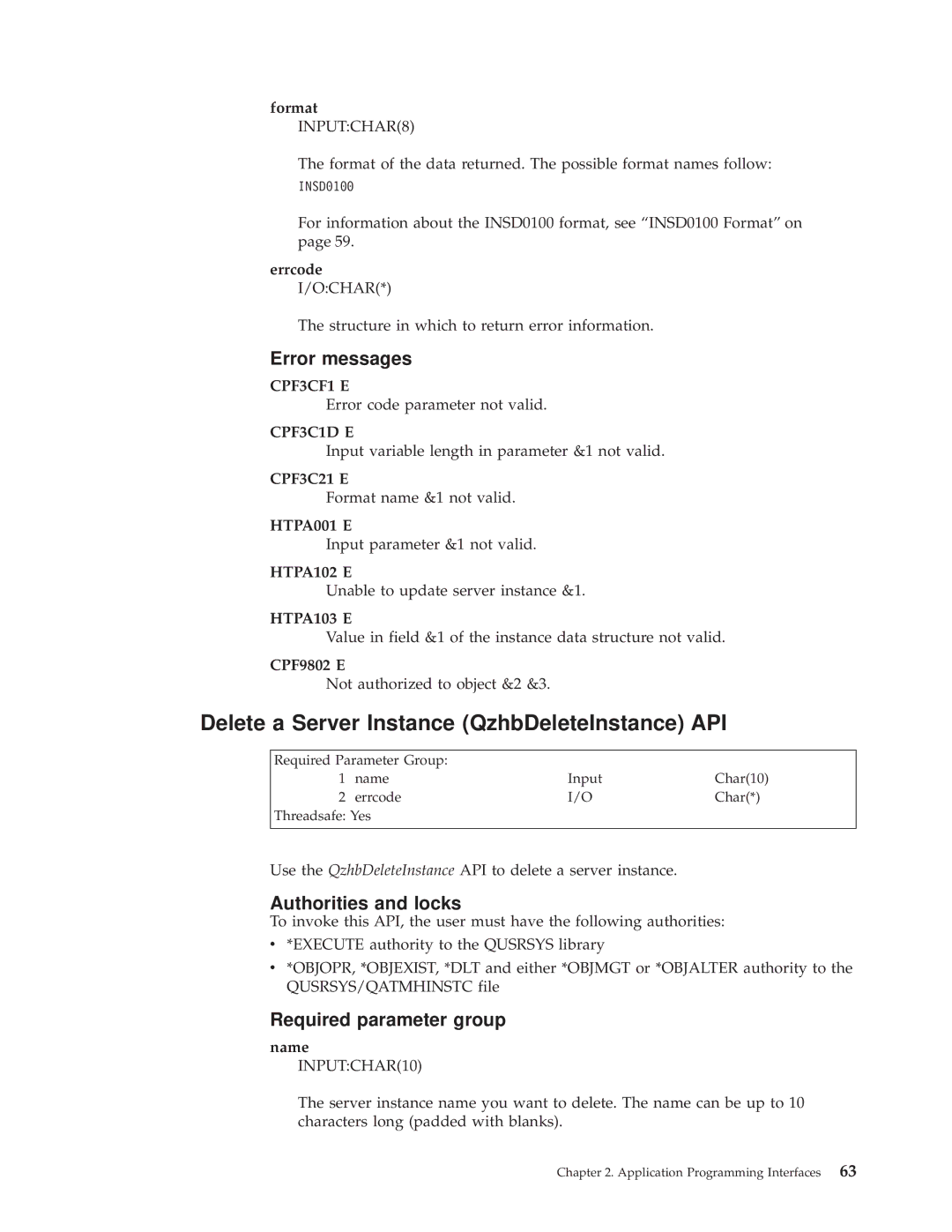 IBM AS/400E manual Delete a Server Instance QzhbDeleteInstance API, CPF9802 E 