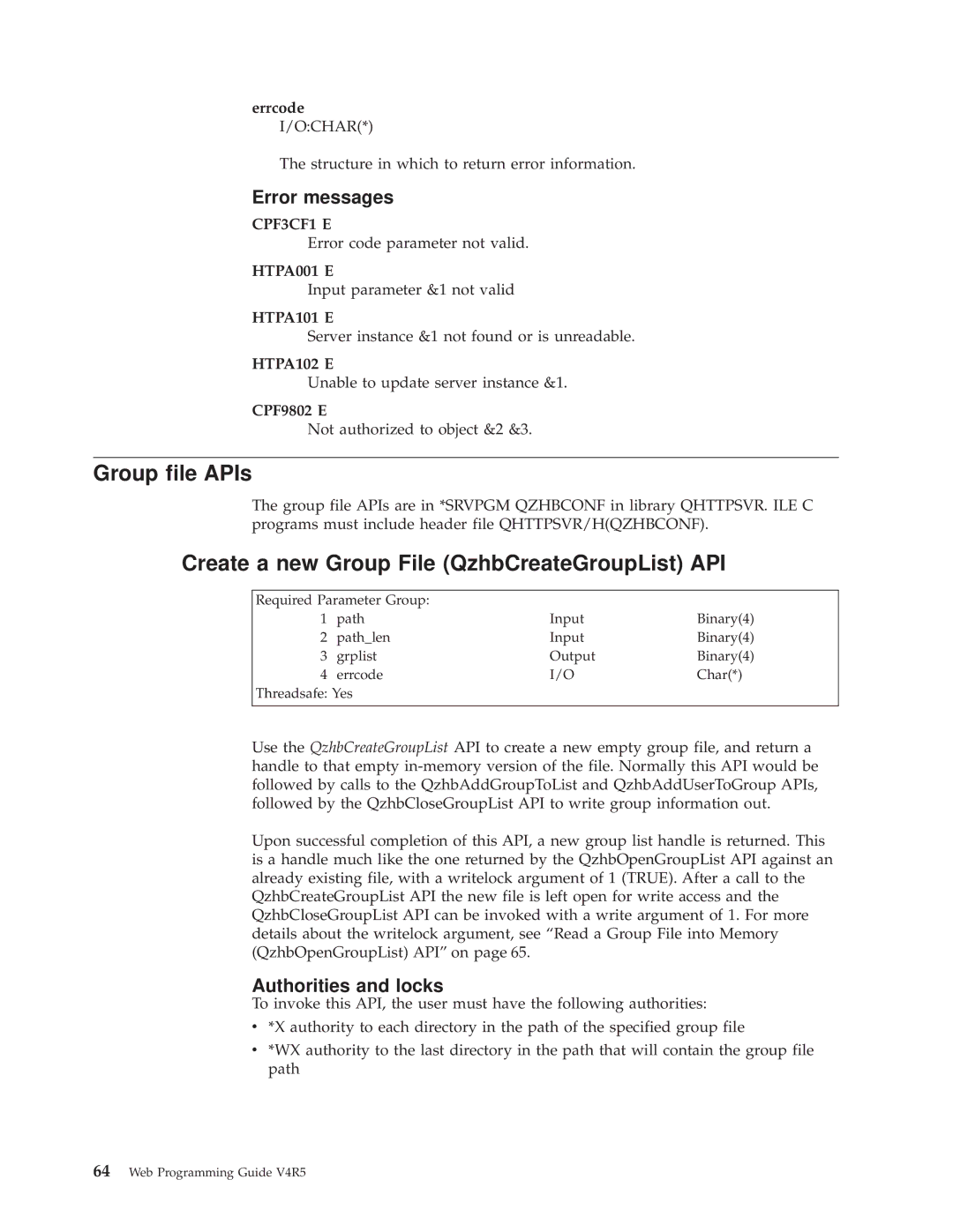 IBM AS/400E manual Group file APIs, Create a new Group File QzhbCreateGroupList API 