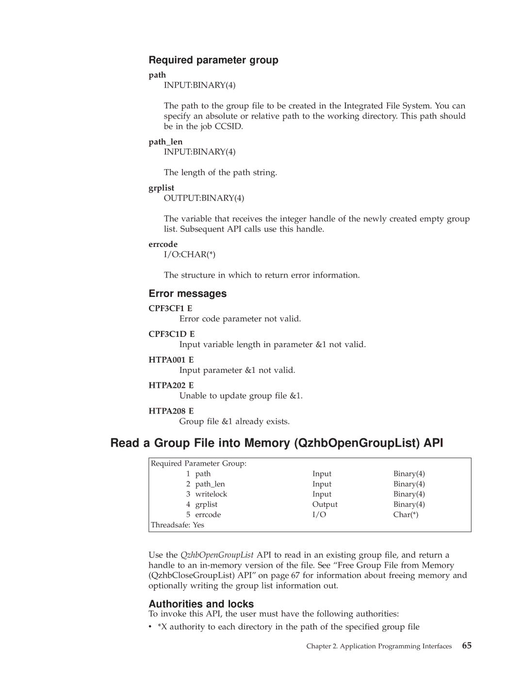 IBM AS/400E Read a Group File into Memory QzhbOpenGroupList API, Pathlen INPUTBINARY4, Grplist OUTPUTBINARY4, HTPA202 E 