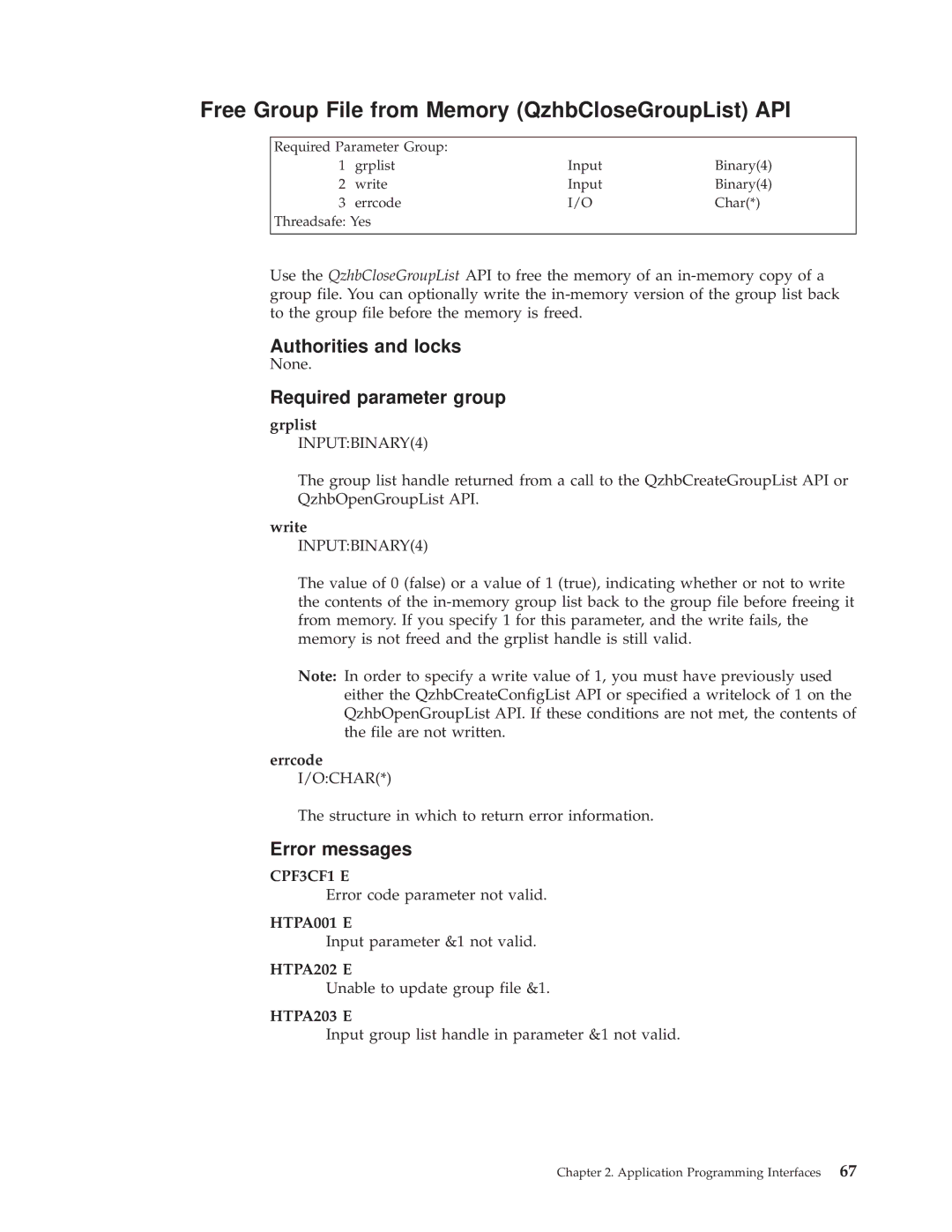 IBM AS/400E manual Free Group File from Memory QzhbCloseGroupList API, Grplist INPUTBINARY4, HTPA203 E 