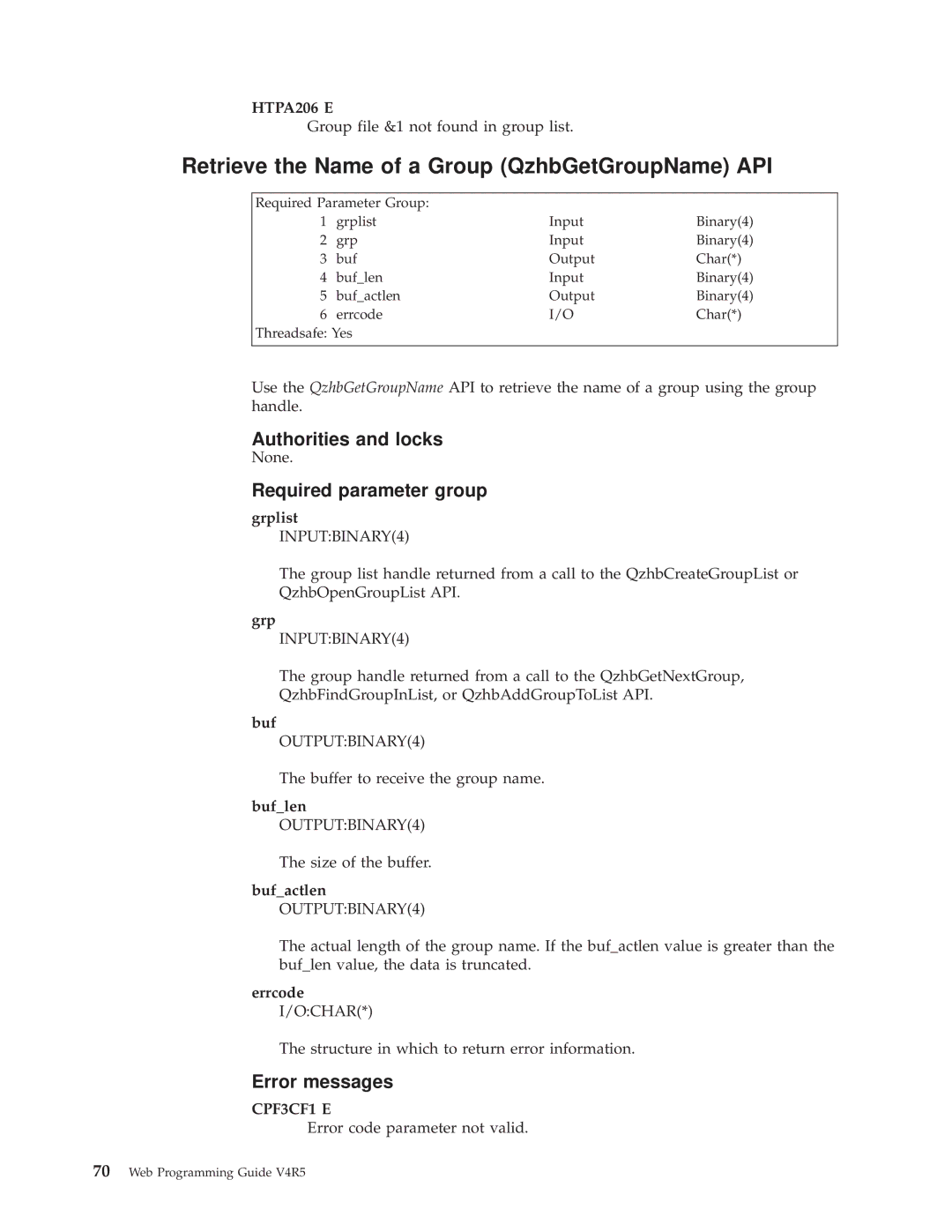 IBM AS/400E manual Retrieve the Name of a Group QzhbGetGroupName API, Buflen OUTPUTBINARY4 