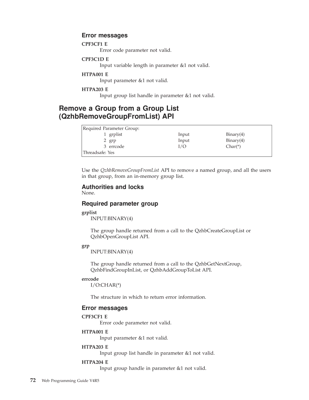 IBM AS/400E manual Remove a Group from a Group List QzhbRemoveGroupFromList API 