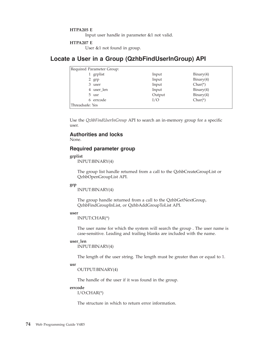 IBM AS/400E manual Locate a User in a Group QzhbFindUserInGroup API, HTPA205 E, HTPA207 E, Userlen INPUTBINARY4 