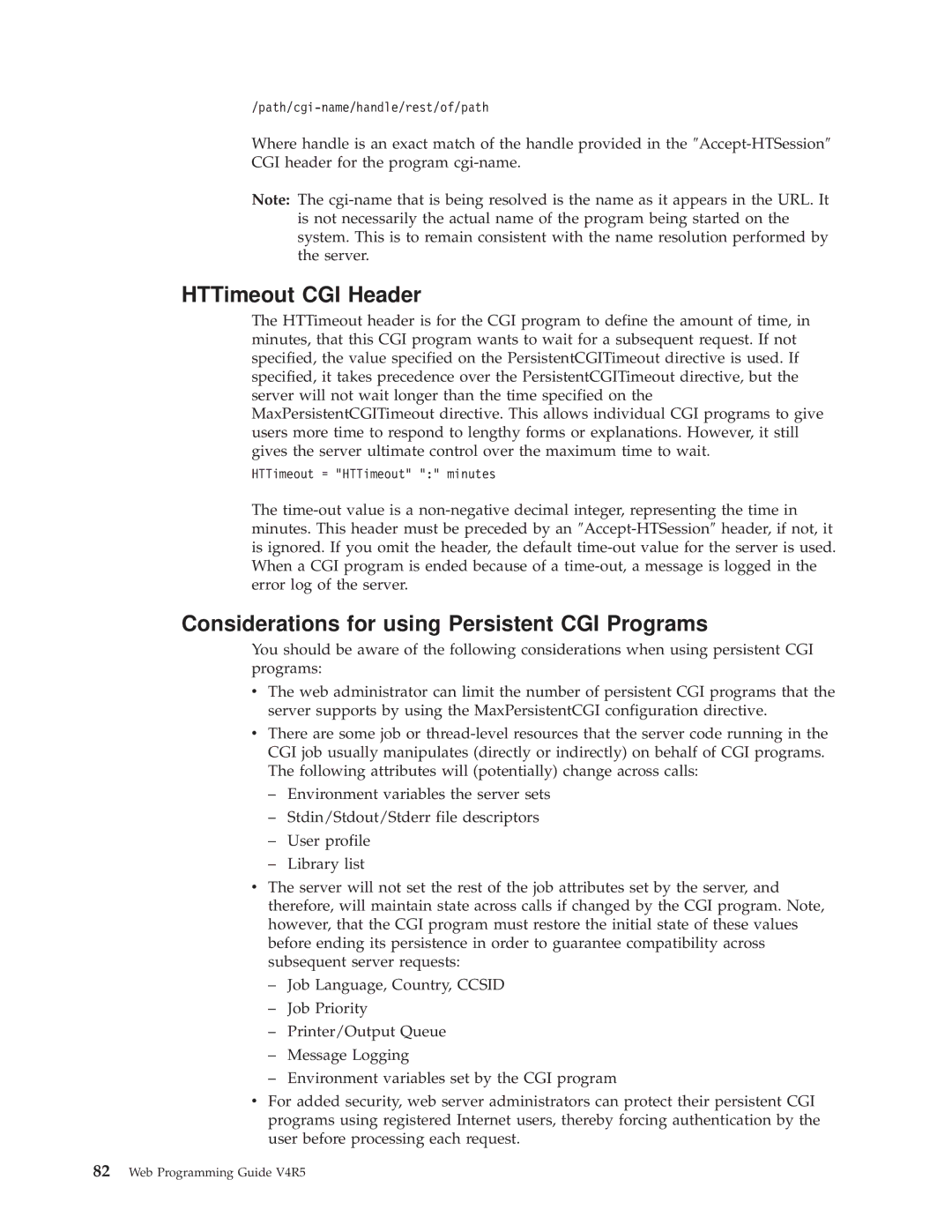 IBM AS/400E manual HTTimeout CGI Header, Considerations for using Persistent CGI Programs 