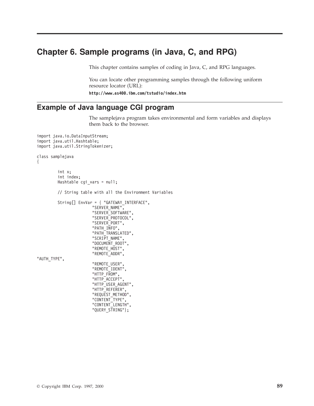 IBM AS/400E manual Sample programs in Java, C, and RPG, Example of Java language CGI program 