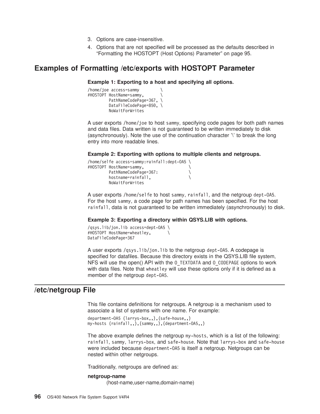 IBM AS/400E manual Examples of Formatting /etc/exports with Hostopt Parameter, Etc/netgroup File 