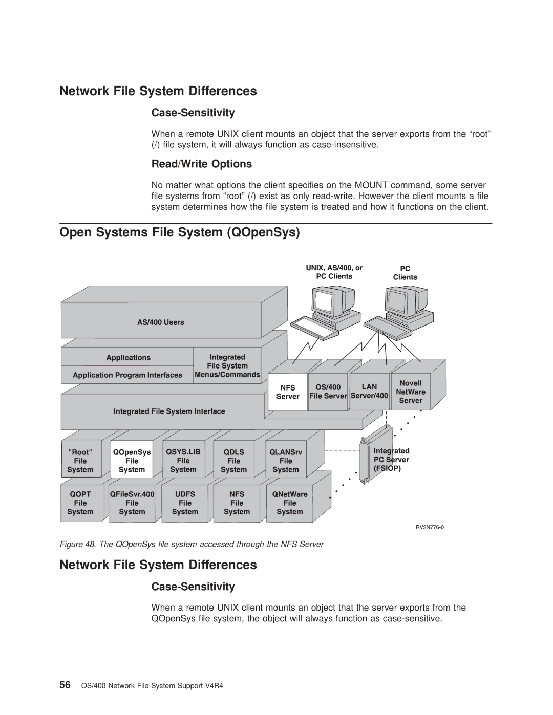 IBM AS/400E manual Network File System Differences, Open Systems File System QOpenSys, Case-Sensitivity, Read/Write Options 