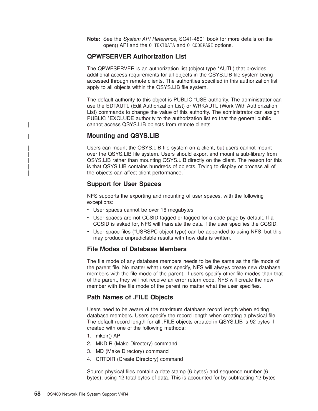 IBM AS/400E Qpwfserver Authorization List, Mounting and QSYS.LIB, Support for User Spaces, File Modes of Database Members 