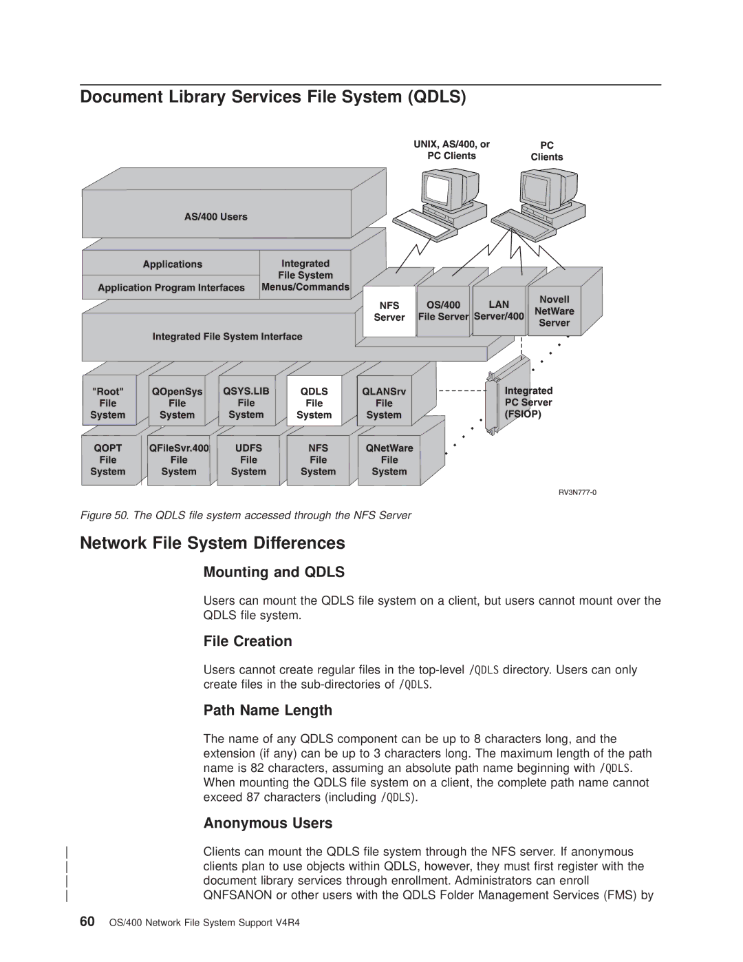 IBM AS/400E manual Document Library Services File System Qdls, Mounting and Qdls, File Creation, Path Name Length 