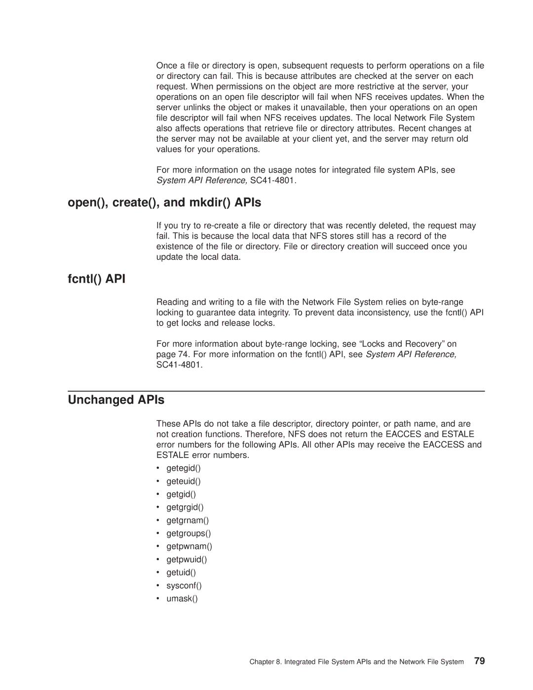 IBM AS/400E manual Open, create, and mkdir APIs, Fcntl API, Unchanged APIs 