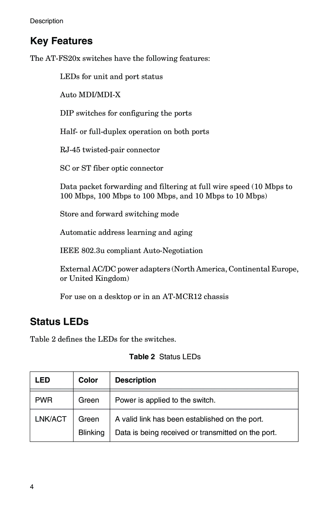 IBM AT-FS202SC/FS2, AT-FS202SC/FS4, AT-FS202SC/FS1, AT-FS201, AT-FS202SC/FS3 manual Key Features, Status LEDs 