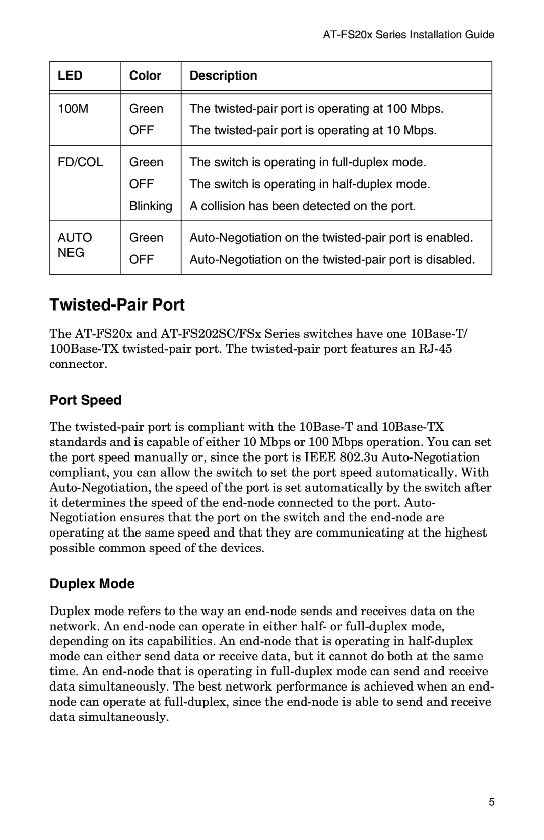 IBM AT-FS202SC/FS4, AT-FS202SC/FS2, AT-FS202SC/FS1, AT-FS201, AT-FS202SC/FS3 manual Twisted-Pair Port, Port Speed 