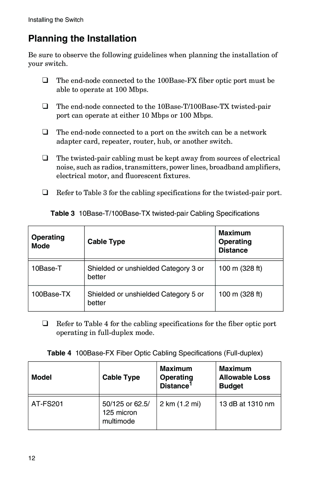 IBM AT-FS202SC/FS1, AT-FS202SC/FS2, AT-FS202SC/FS4 Planning the Installation, Operating Maximum Cable Type Mode Distance 