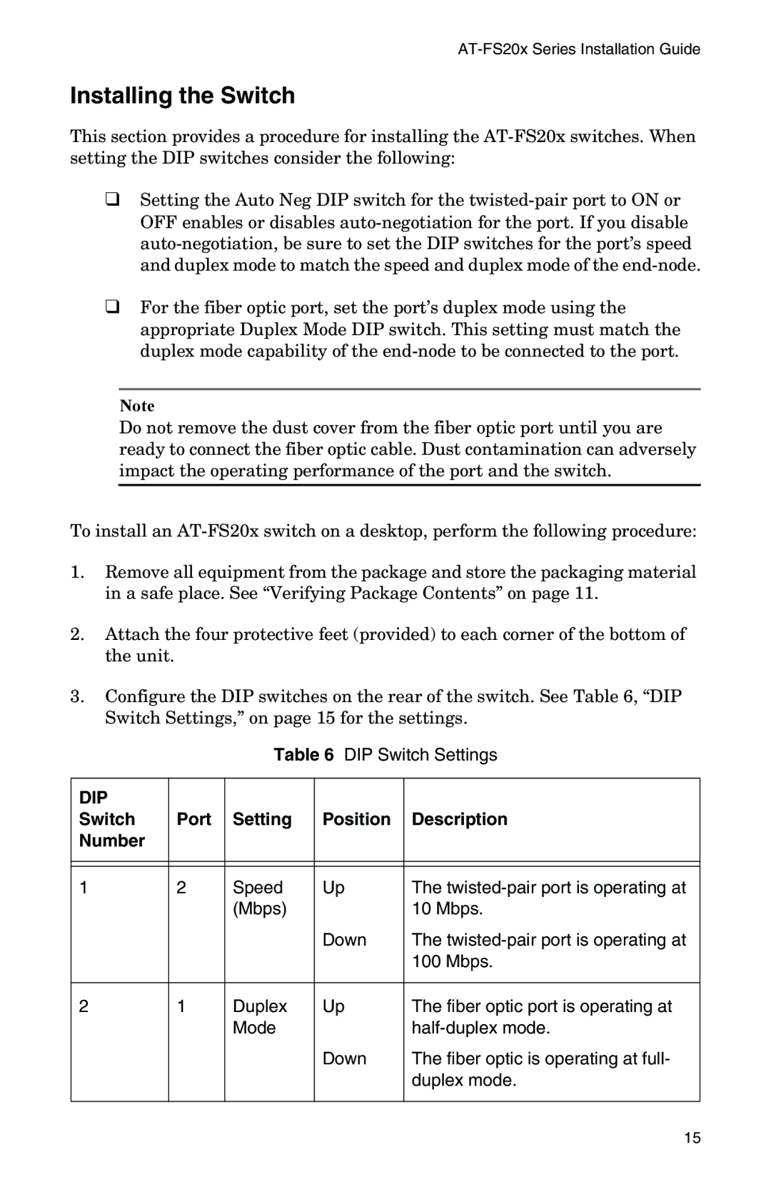 IBM AT-FS202SC/FS2, AT-FS202SC/FS4, AT-FS202SC/FS1, AT-FS201, AT-FS202SC/FS3 manual Installing the Switch, Dip 