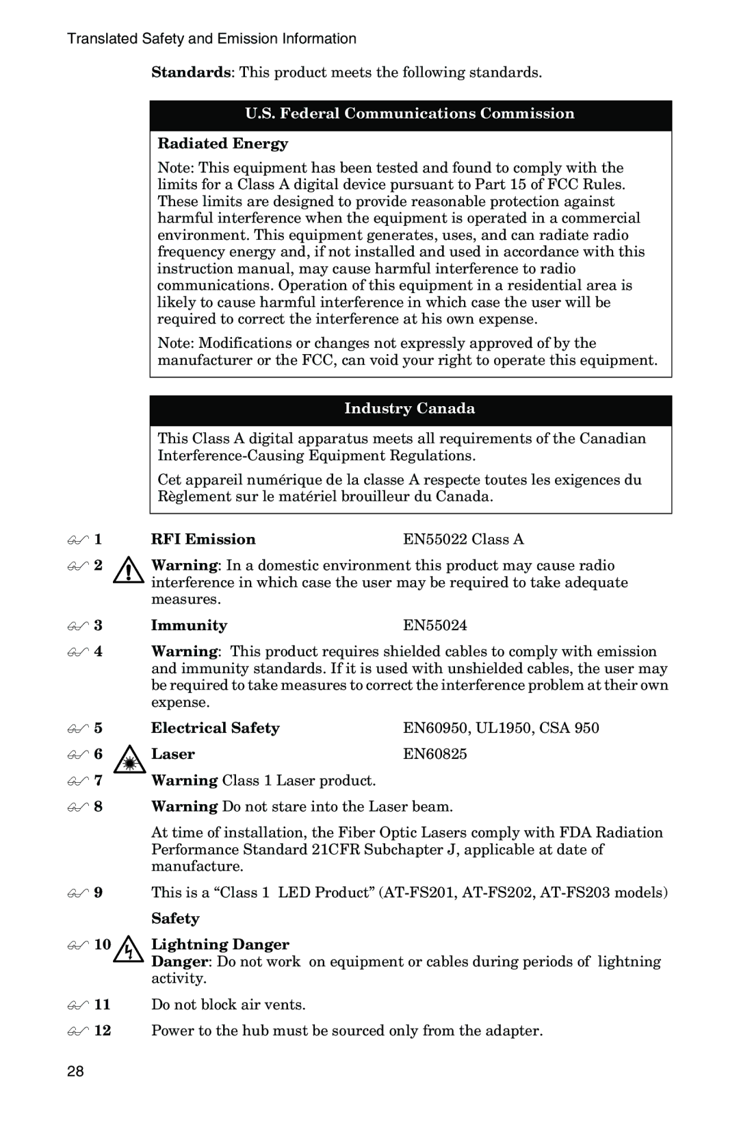 IBM AT-FS202SC/FS2, AT-FS202SC/FS4 manual Electrical Safety EN60950, UL1950, CSA Laser EN60825, Safety  10 Lightning Danger 