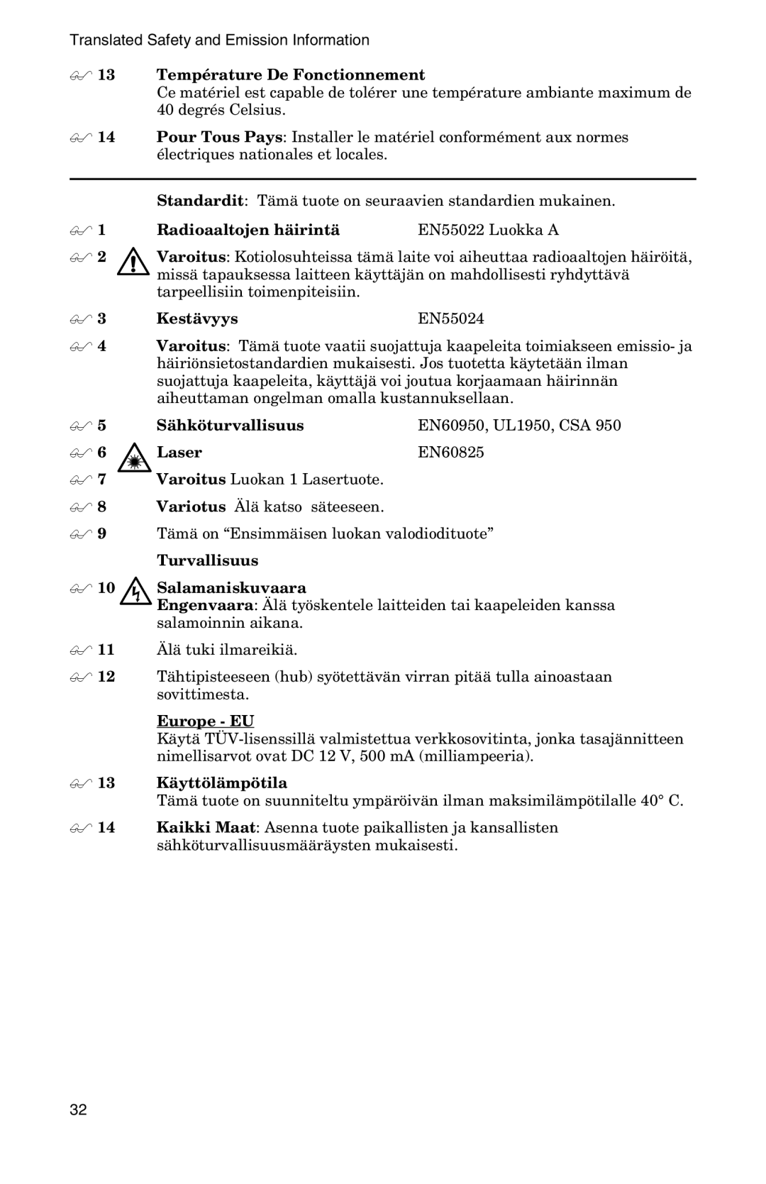 IBM AT-FS202SC/FS3, AT-FS201  13 Température De Fonctionnement, Standardit Tämä tuote on seuraavien standardien mukainen 