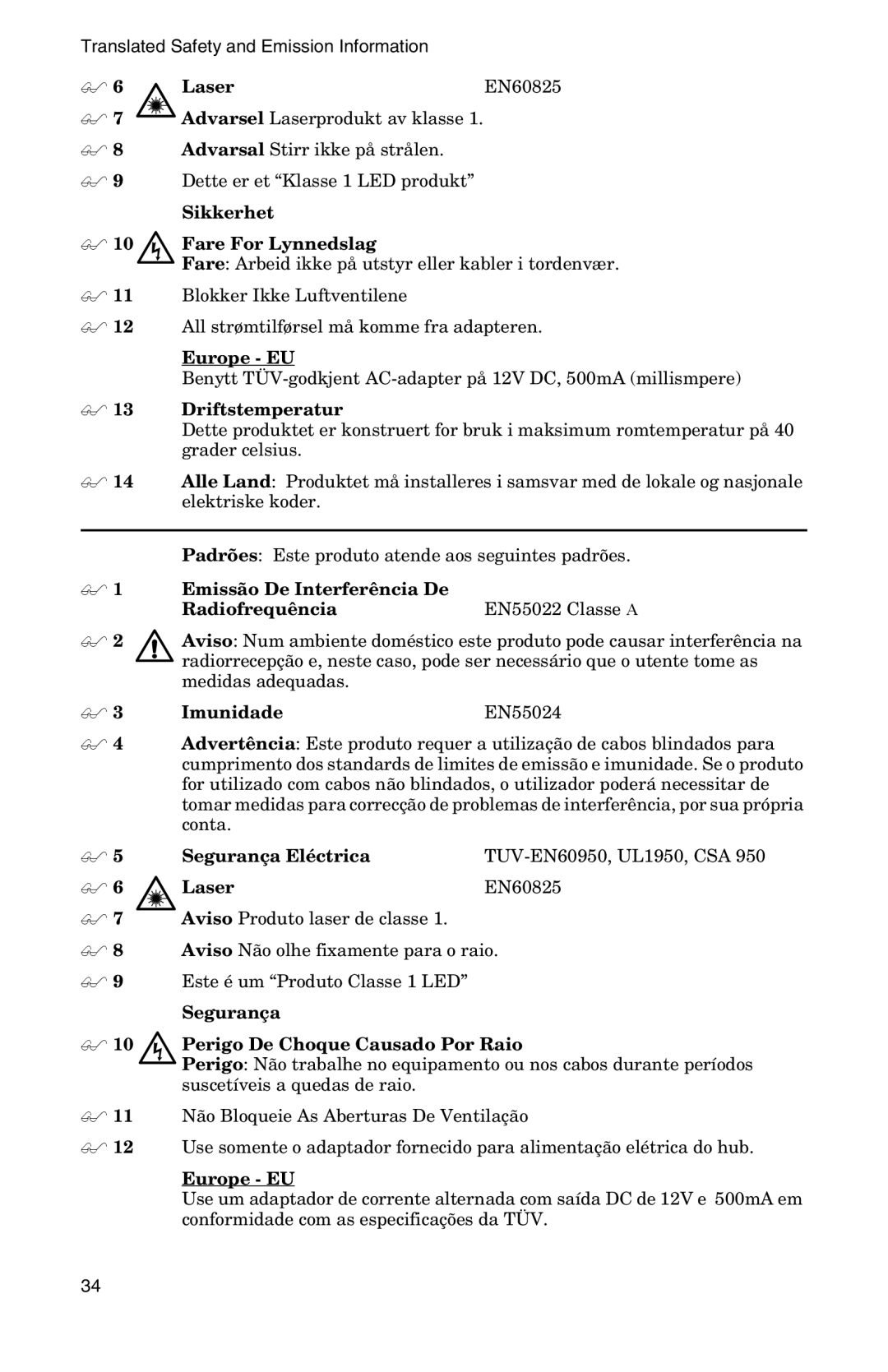 IBM AT-FS202SC/FS2, AT-FS202SC/FS4, AT-FS202SC/FS1 Laser EN60825, Sikkerhet  10 Fare For Lynnedslag, 13 Driftstemperatur 