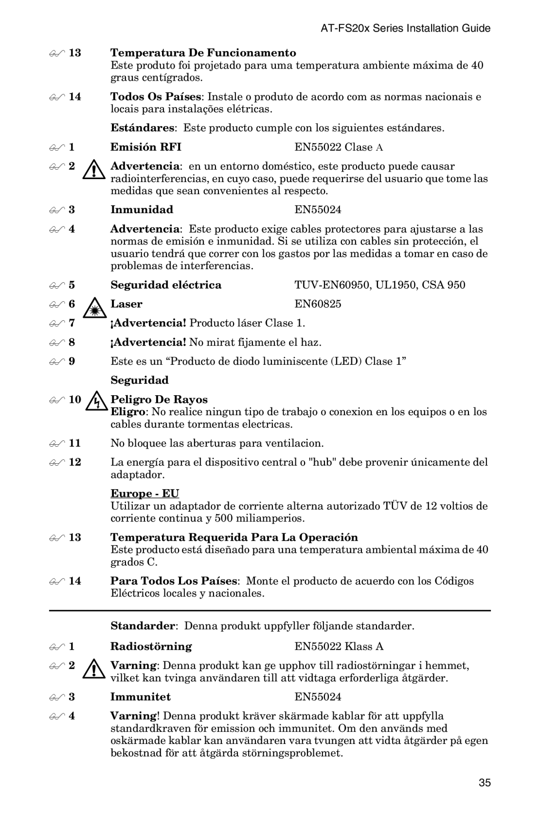 IBM AT-FS202SC/FS4, AT-FS201  13 Temperatura De Funcionamento, Seguridad eléctrica TUV-EN60950, UL1950, CSA Laser EN60825 