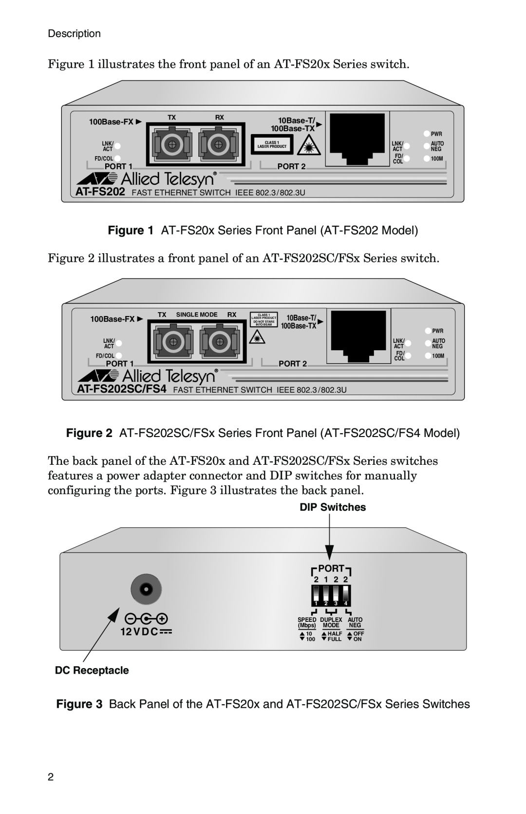 IBM AT-FS202SC/FS3, AT-FS202SC/FS2, AT-FS202SC/FS4, AT-FS202SC/FS1 illustrates the front panel of an AT-FS20x Series switch 