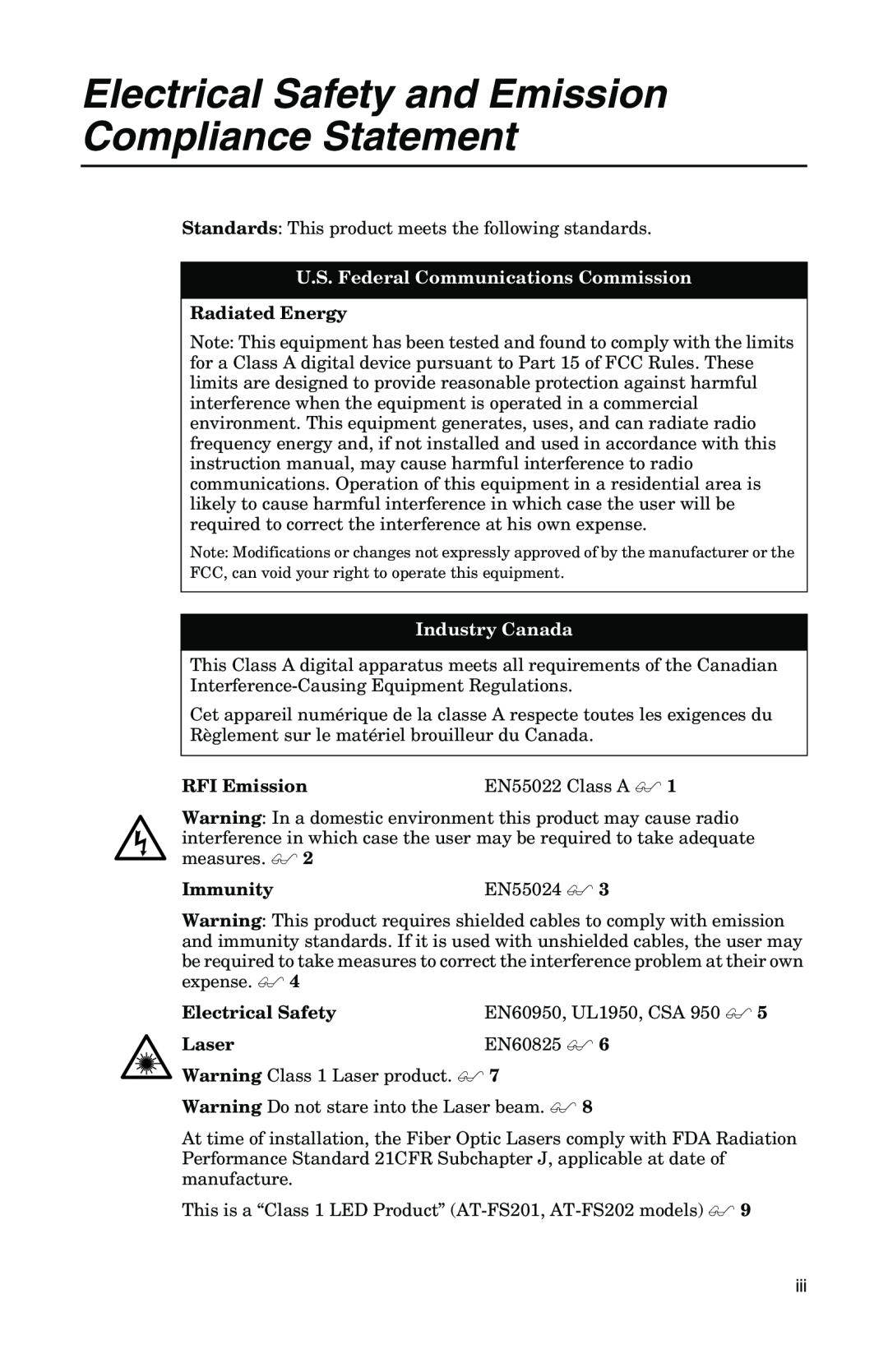 IBM AT-FS201 Electrical Safety and Emission Compliance Statement, U.S. Federal Communications Commission, Industry Canada 