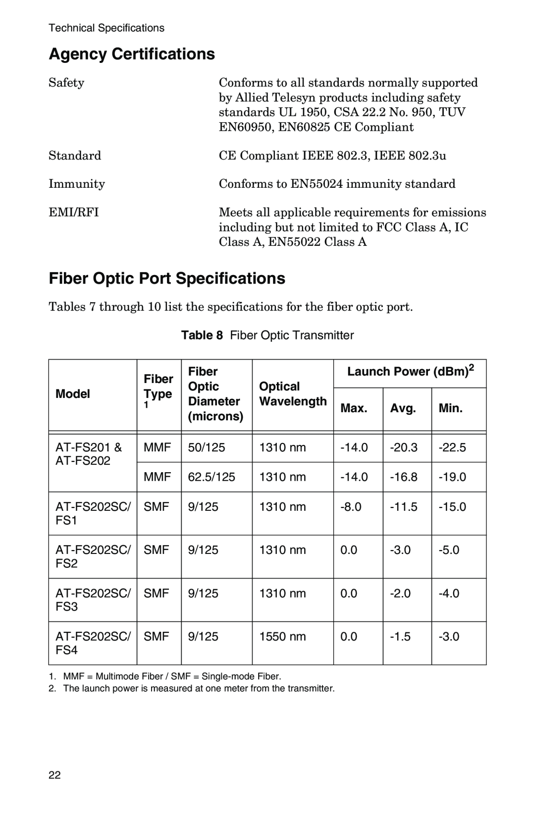 IBM AT-FS202SC/FS2, AT-FS202SC/FS4, AT-FS202SC/FS1, AT-FS201 manual Agency Certifications, Fiber Optic Port Specifications 