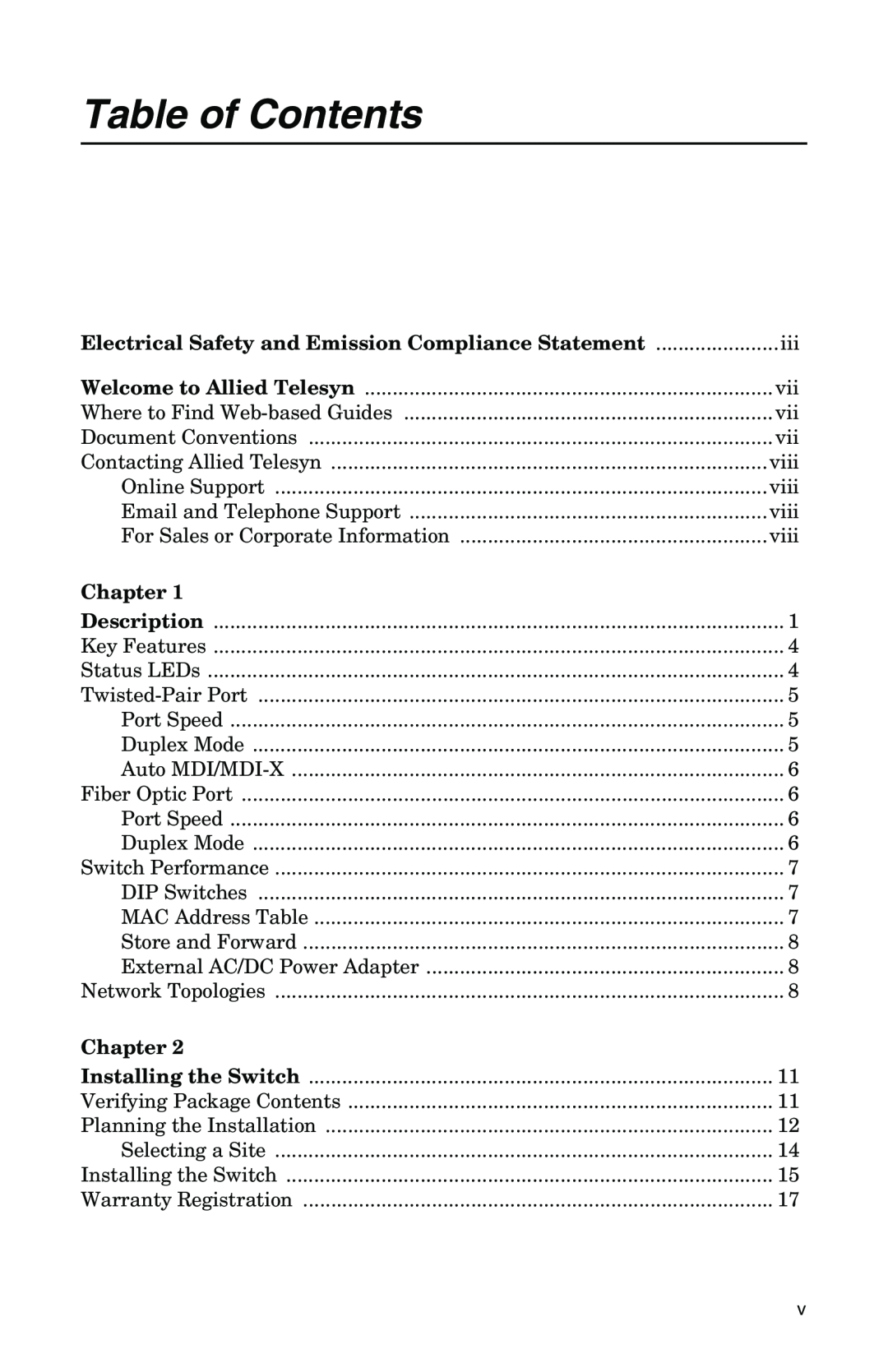 IBM AT-FS202 Table of Contents, Electrical Safety and Emission Compliance Statement, Chapter, Welcome to Allied Telesyn 
