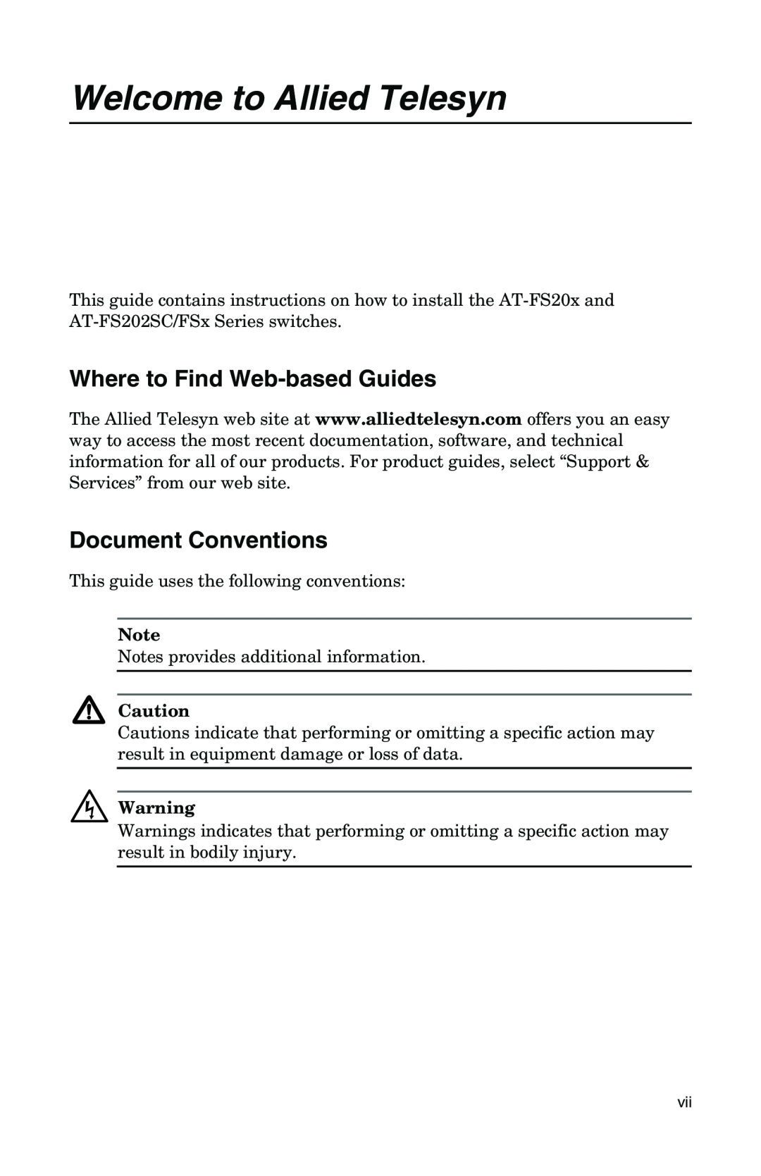 IBM AT-FS202SC/FS4, AT-FS202SC/FS2 manual Welcome to Allied Telesyn, Where to Find Web-based Guides, Document Conventions 